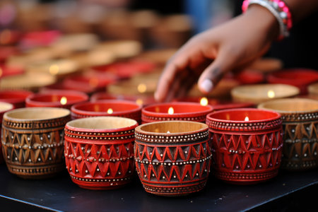 A person lighting candles in a row on a table. Generative AI image.の素材
