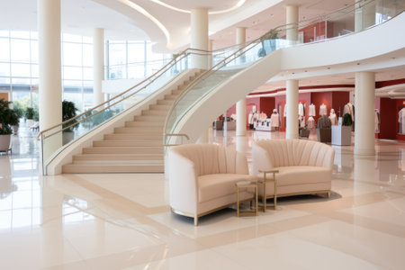 A white couch sitting in a lobby next to a staircase. Generative AI image.の素材