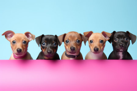 A group of puppies sitting behind a pink sign. Generative AI image.の素材