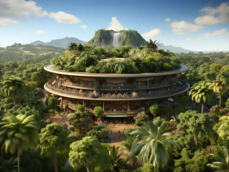 A futuristic building surrounded by palm trees and mountains. Generative AI image.の素材