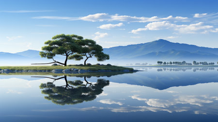 A lone tree is reflected in the still waters of a lake. Generative AI image.の素材