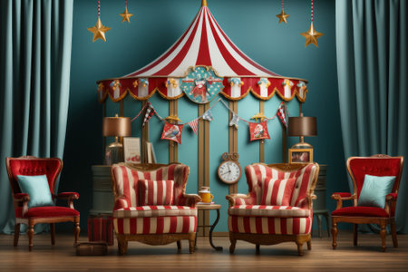 A room with chairs, a table and a circus tent. Generative AI image.の素材