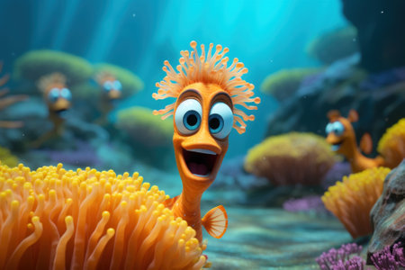 A close up of a cartoon fish with an orange sea anemone. Generative AI image.の素材