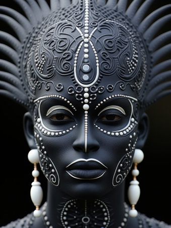 A close up of a womans face wearing a black mask. Generative AI image.の素材