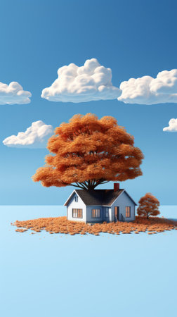 A house sitting on top of a small island. Generative AI image.の素材