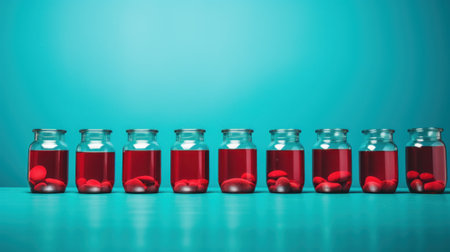 A row of glass bottles filled with red liquid. Generative AI image.の素材