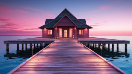 A dock leading to a house on the water. Generative AI image.の素材