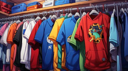 A bunch of shirts hanging on a rack. Generative AI image.の素材