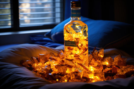 A bottle of alcohol sitting on top of a bed. Generative AI image.の素材