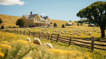 A herd of sheep grazing on a lush green field. Generative AI image.の素材