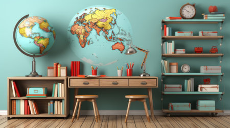 A room with a desk, bookshelf and a globe on the wall. Generative AI image.の素材