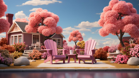 A couple of pink chairs sitting in front of a house. Generative AI image.の素材