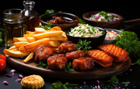 A platter of meat and french fries on a table. Generative AI image.の素材