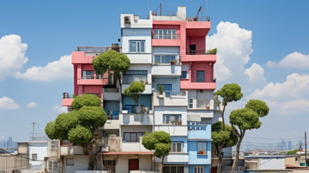 A tall building with a bunch of trees in front of it. Generative AI image.の素材