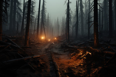 A trail in the middle of a forest at night. Generative AI image.の素材