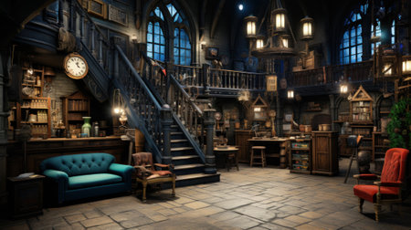 A room filled with lots of books and furniture. Generative AI image.の素材