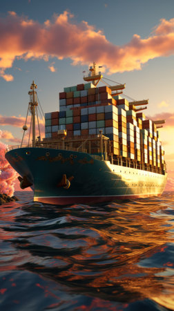 A large container ship in the middle of the ocean. Generative AI image.の素材