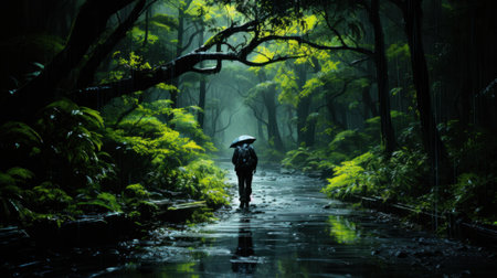 A person walking in the rain with an umbrella. Generative AI image.の素材
