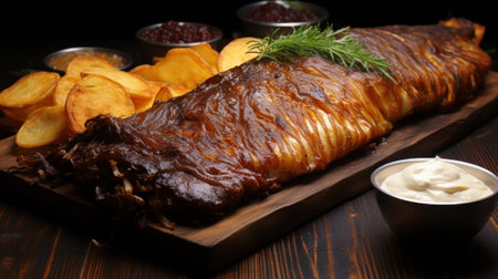 A wooden cutting board topped with meat and potatoes. Generative AI image.の素材