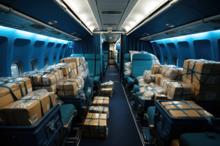 There are many boxes on the inside of a plane. Generative AI image.の素材