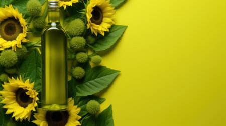 A bottle of olive oil surrounded by sunflowers. Generative AI image.の素材