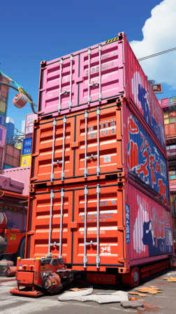 A truck is parked in front of a large container. Generative AI image.の素材