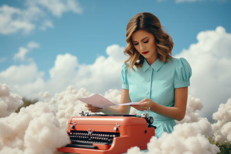 A woman sitting in a field with a typewriter. Generative AI image.の素材
