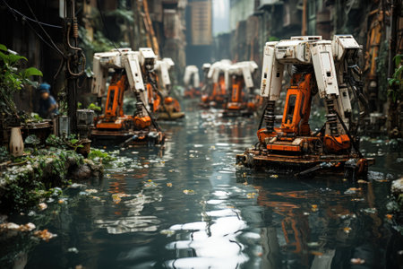 A flooded street with a row of orange and white robots. Generative AI image.の素材