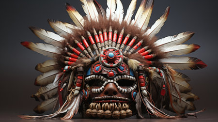 A close up of a mask with feathers on it. Generative AI image.の素材