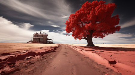 A red tree in the middle of a dirt road. Generative AI image.の素材