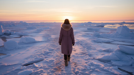 A woman in a pink coat is walking through the snow. Generative AI image.の素材