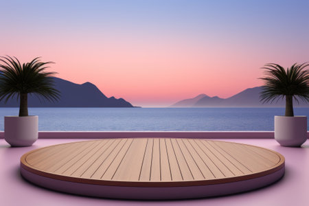 A wooden platform with two potted plants on top of it. Generative AI image.の素材