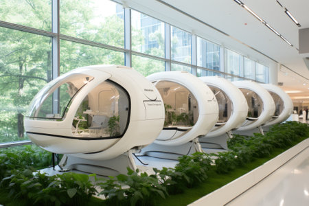 A row of pods with plants growing inside of them. Generative AI image.の素材