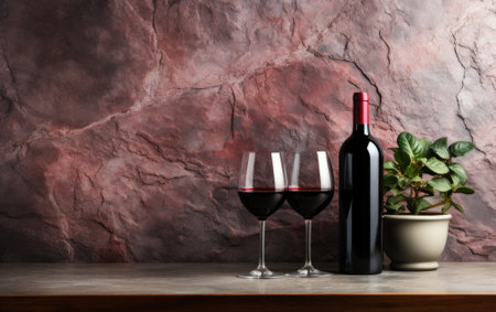 A bottle of wine and two glasses of wine on a table. Generative AI image.の素材