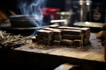 A pile of bricks sitting on top of a wooden cutting board. Generative AI image.の素材