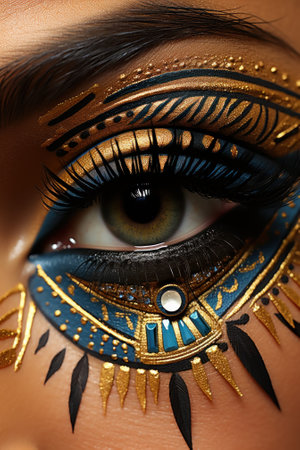 A close up of a womans eye with gold and blue makeup. Generative AI image.の素材