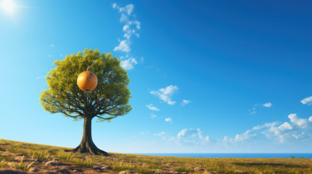 A tree with an orange on it in a field. Generative AI image.の素材