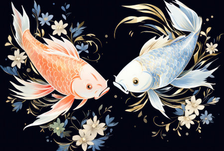 A couple of koi fish standing next to each other. Generative AI image.の素材