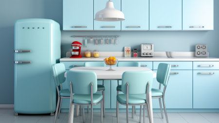 A kitchen with blue cabinets and a white table. Generative AI image.の素材
