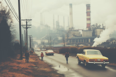 A group of cars driving down a street next to a factory. Generative AI image.の素材