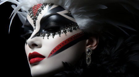 A close up of a woman wearing a black and white mask. Generative AI image.の素材