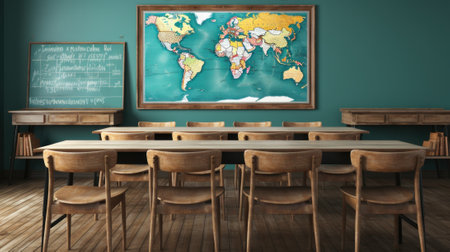 A classroom with a map of the world on the wall. Generative AI image.の素材