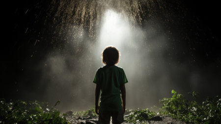 A little boy standing in the middle of a field. Generative AI image.の素材