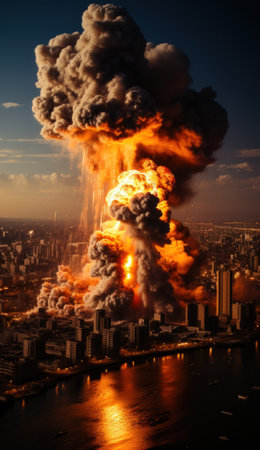 A huge explosion of smoke and fire in a city. Generative AI image.の素材