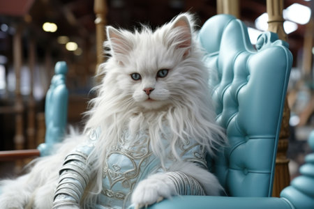 A fluffy white cat sitting on a blue chair. Generative AI image.の素材