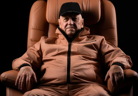 A man sitting in a chair wearing a hat. Generative AI image.の素材