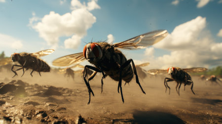 A group of flies flying over a dirt field. Generative AI image.の素材
