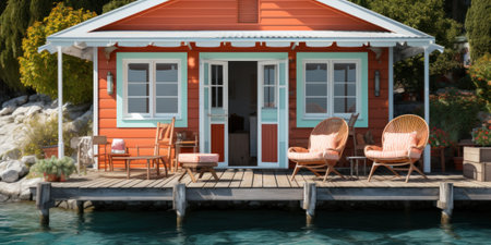 A house on a dock with chairs and a table. Generative AI image.の素材