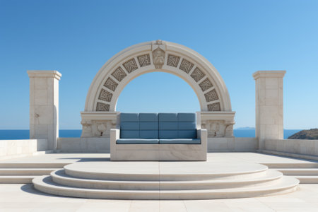 A couch sitting on top of a stone platform. Generative AI image.の素材