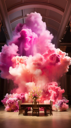 A large cloud of pink and purple smoke over a table. Generative AI image.の素材